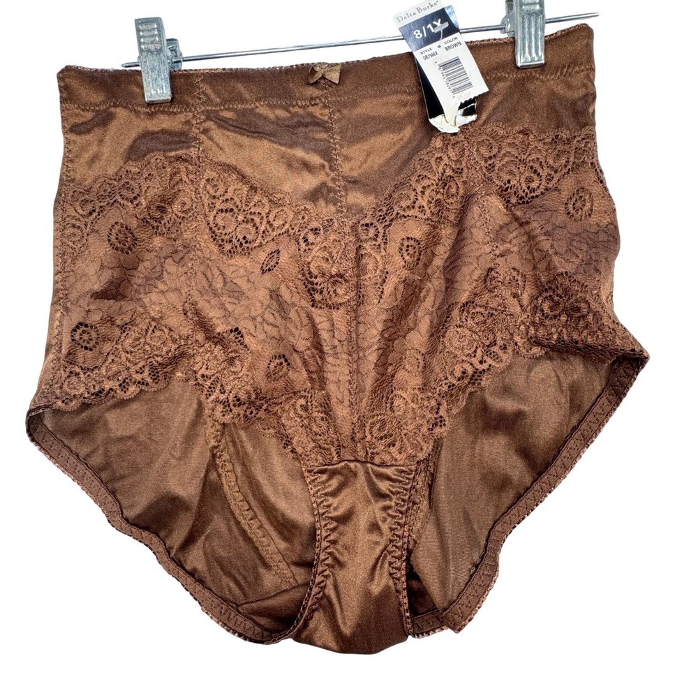 Vintage Delta Burke Panty Women 8/1X Brown Lace Trim High Waist Brief DB7566X